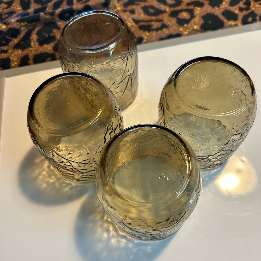 Vtg Anchor Hocking 4 Glasses spicy brown textured leaf embossed design - Picture 5 of 10